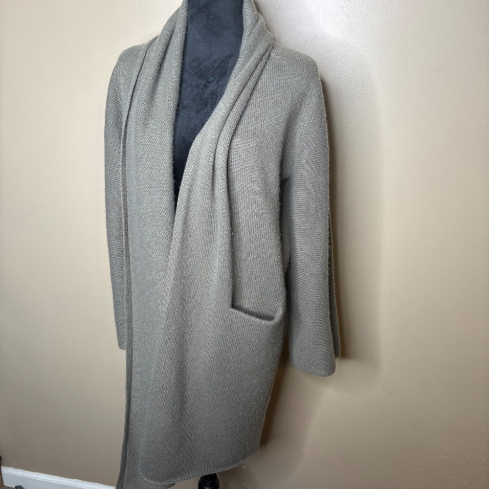 Vince Womens 100% Cashmere Shawl Collar Open Front Ribbed Cardigan Taupe Grey XS